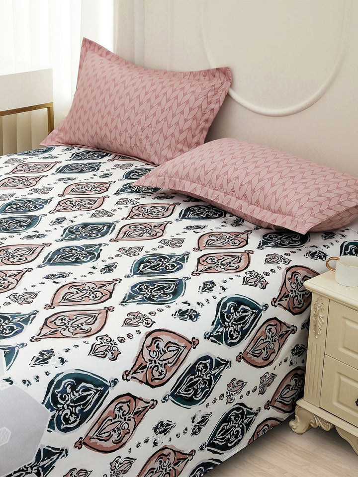 Story@home White Ethnic Printed 240 TC Satin Finish Queen Bedsheet Set