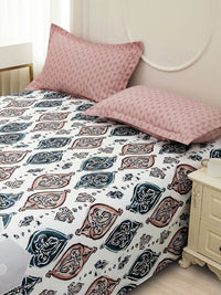 Story@home White Ethnic Printed 240 TC Satin Finish Queen Bedsheet Set