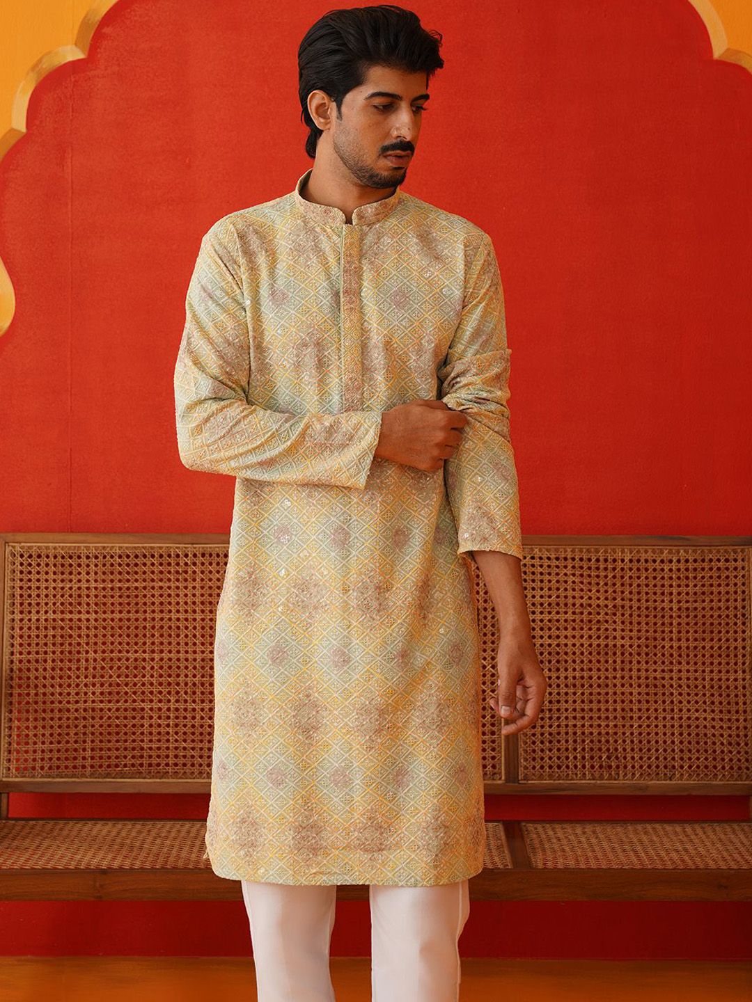 Jompers Men Geometric Embroidered Sequinned Kurta