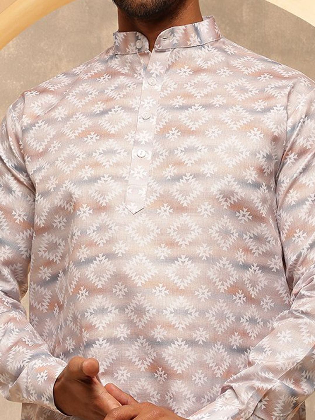 SOJANYA Geometric Printed Band Collar Cotton Linen Kurta Lurus