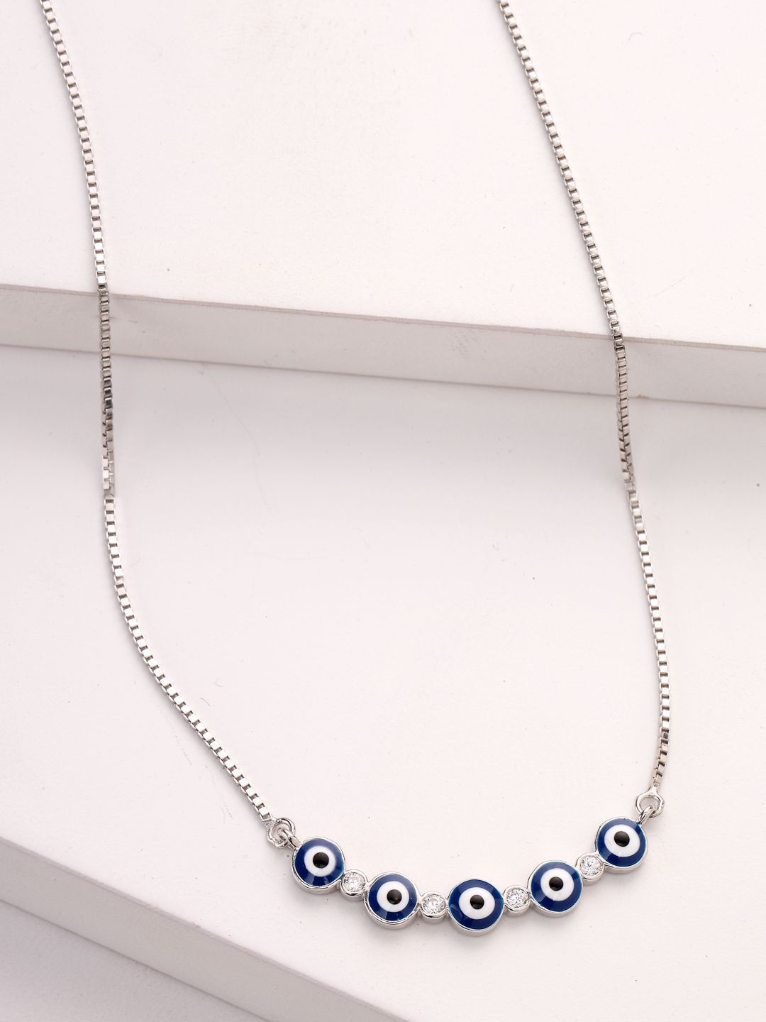 PANASH 925 Sterling Silver Rhodium-Plated CZ-Studded Evil Eyes Necklace