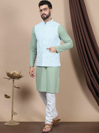 Anouk Blue Embroidered Straight Sequinned Pure Cotton Kurta with Churidar & Nehru Jacket