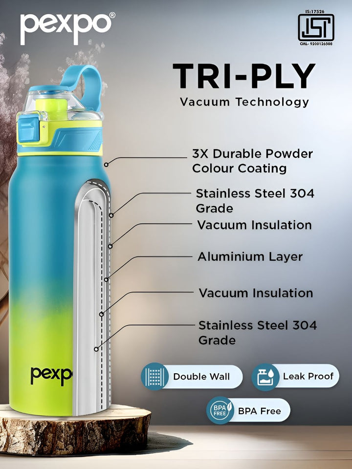 Pexpo Blue & Yellow Colourblocked Stainless Steel Double Wall Vacuum Water Bottle-740 ml