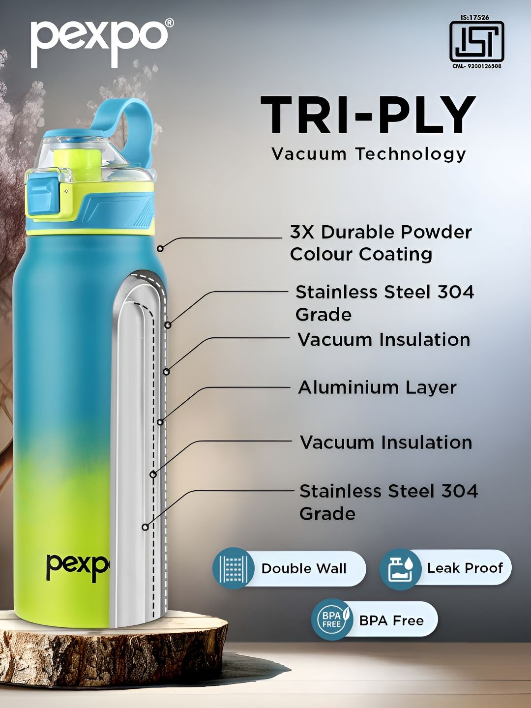 Pexpo Blue & Yellow Colourblocked Stainless Steel Double Wall Vacuum Water Bottle-740 ml