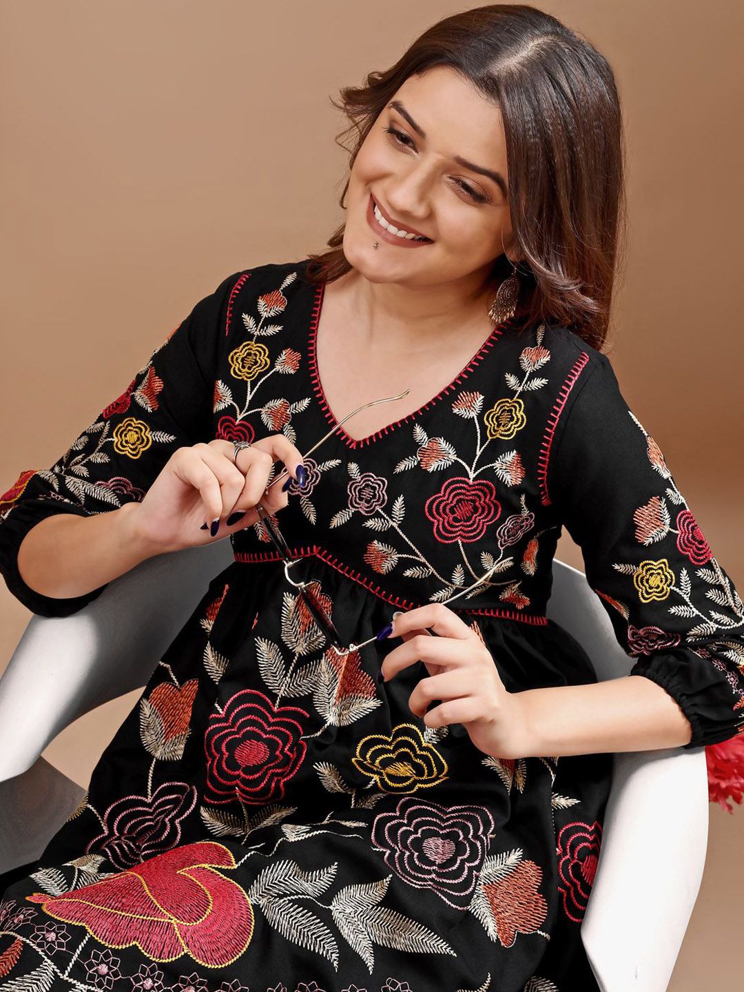 Tikhi Imli Floral Embroidered V-Neck Tunic With Trousers