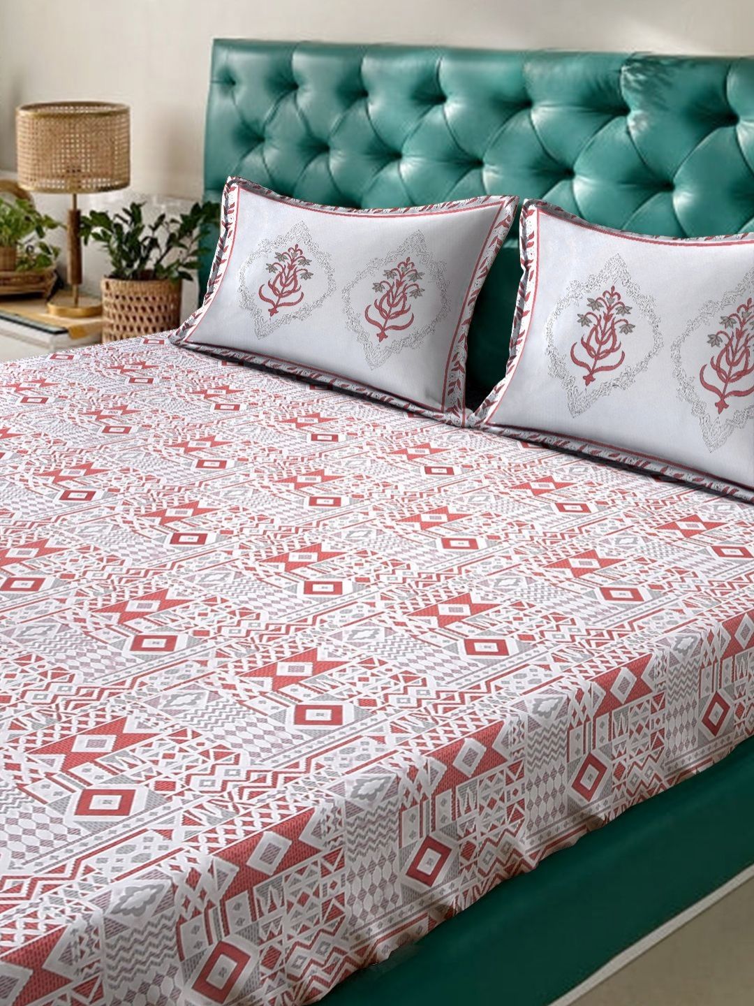 Myntra Elegant Homes Red & White Geometric 400 TC King Bedsheet with 2 Pillow Covers