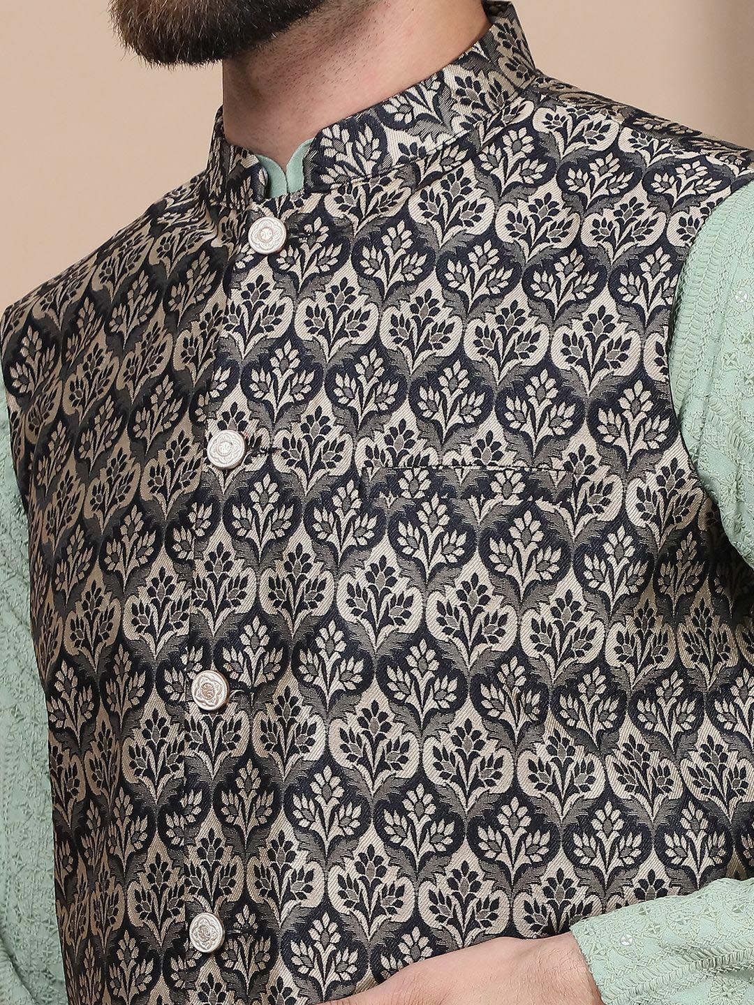 Anouk Floral Embroidered Pure Cotton Sequinned Straight Kurta With Churidar & Nehru Jacket
