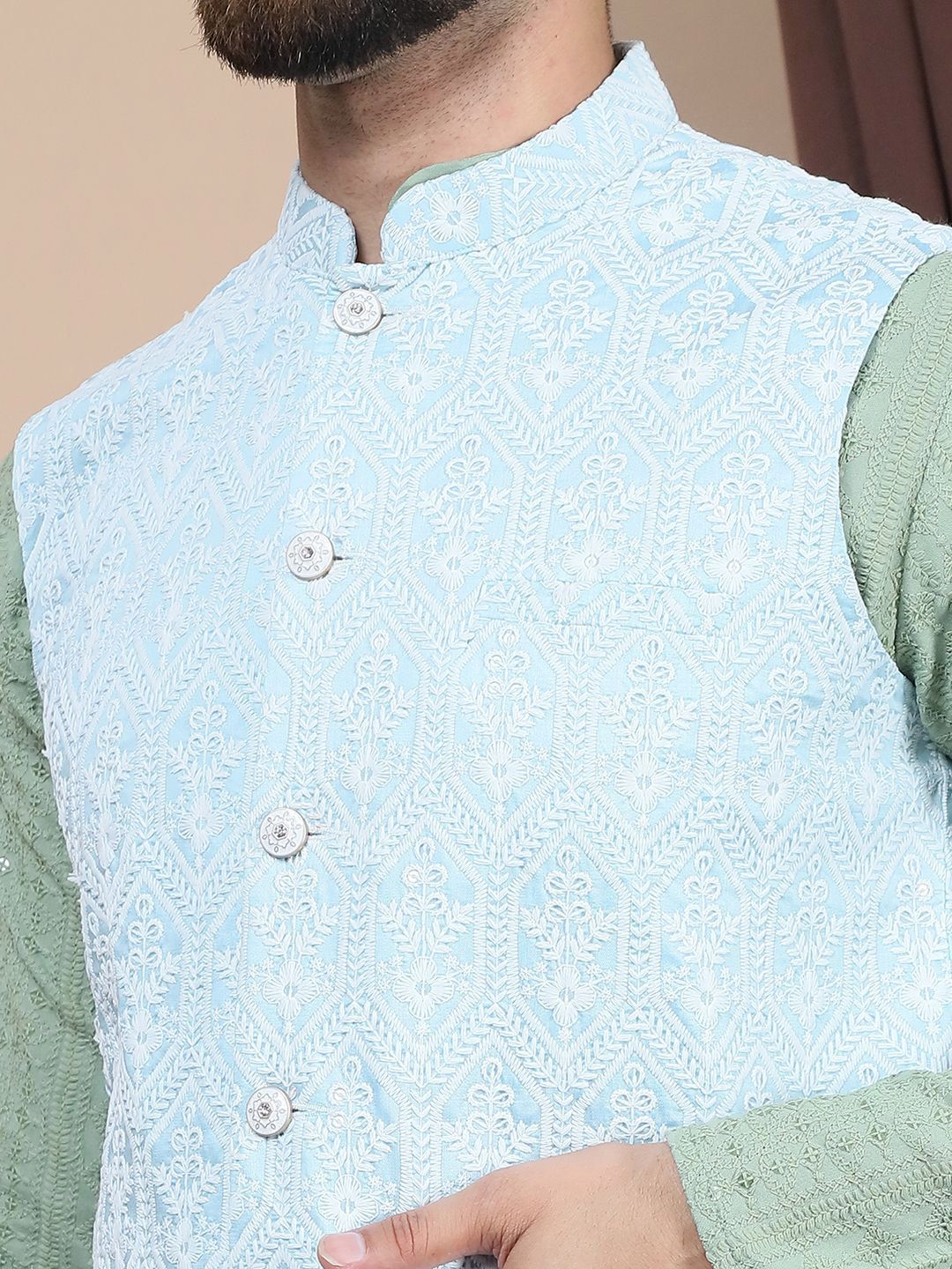 Anouk Blue Embroidered Straight Sequinned Pure Cotton Kurta with Churidar & Nehru Jacket