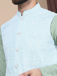 Anouk Blue Embroidered Straight Sequinned Pure Cotton Kurta with Churidar & Nehru Jacket