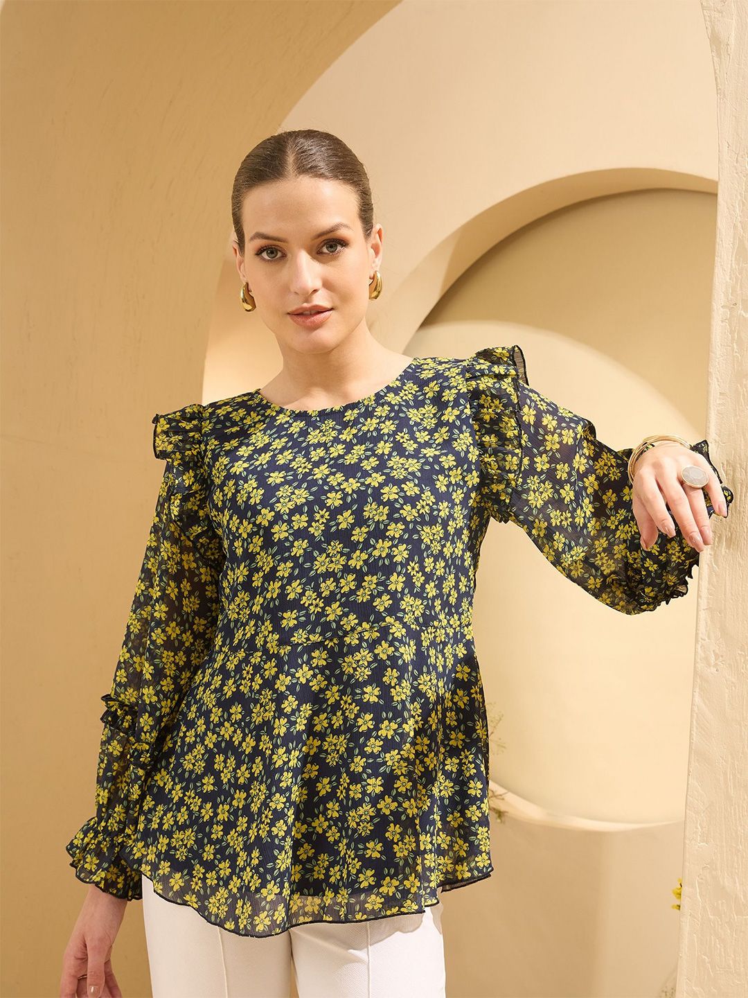 Antheaa Women Floral Print Flutter Sleeve Chiffon Top