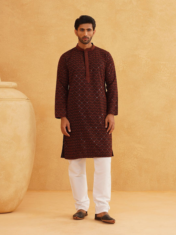 SOJANYA Motif Etnik Sulam Kolar Mandarin Labuci Kapas Tulen Kurta Lurus