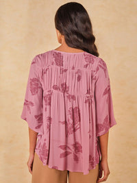 AND Print Tie-Up Neck Kimono Sleeve Top