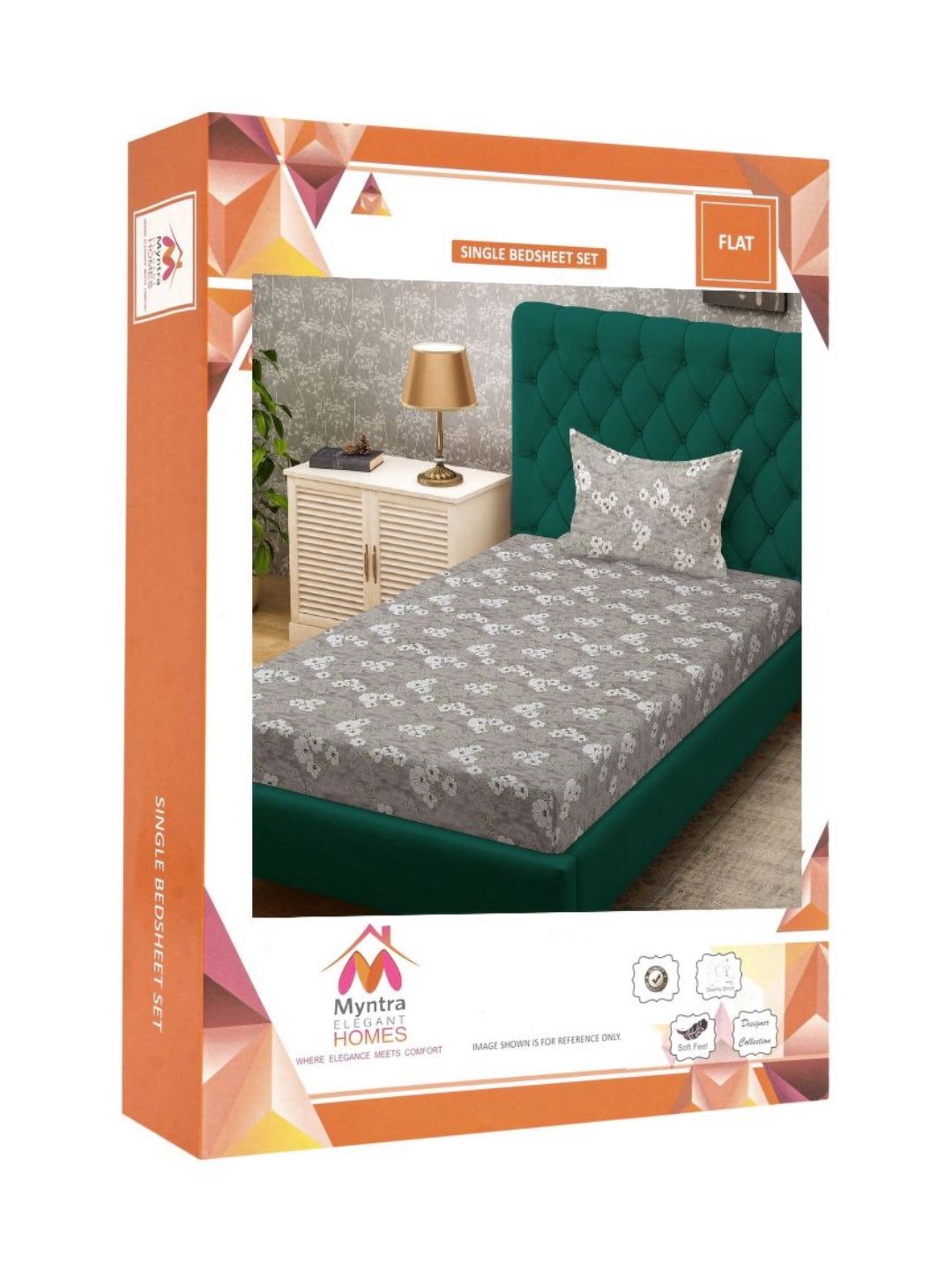 Myntra Elegant Homes Grey Floral Pure Cotton Breathable 400 TC Single Superfine Bedsheet with a Pillow Cover-59 x 87 inches