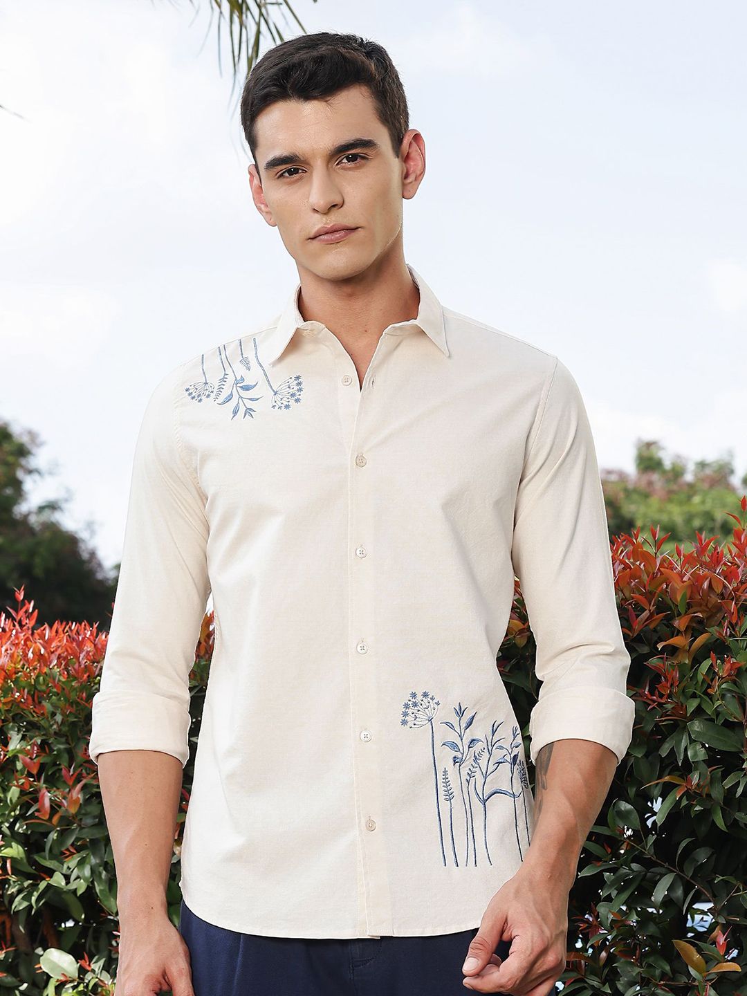Thomas Scott Men's Cotton Floral Embroidered Casual Shirt