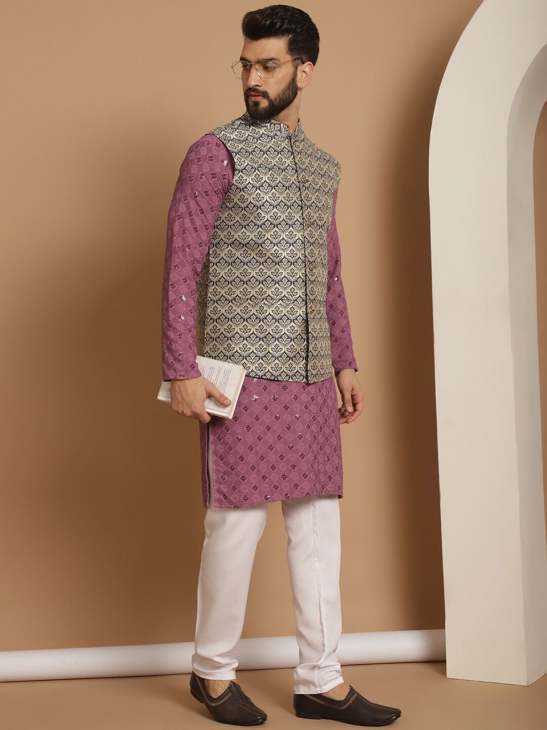 Anouk Geometic Embroidered Kurta With Churidar & Woven Design Nehru Jacket