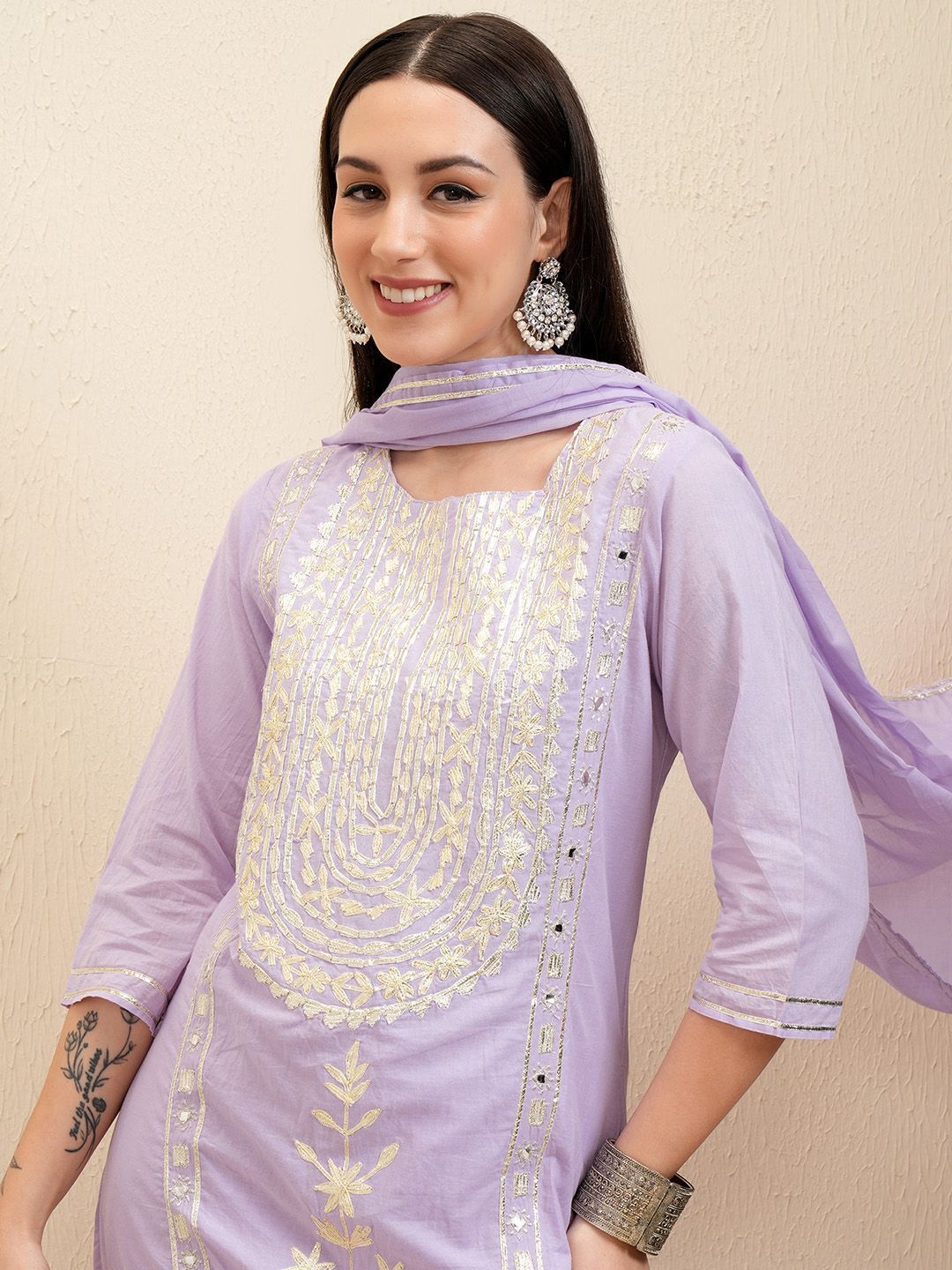 Vishudh Lavender Embroidered Pure Cotton Straight Kurta With Trousers & Dupatta