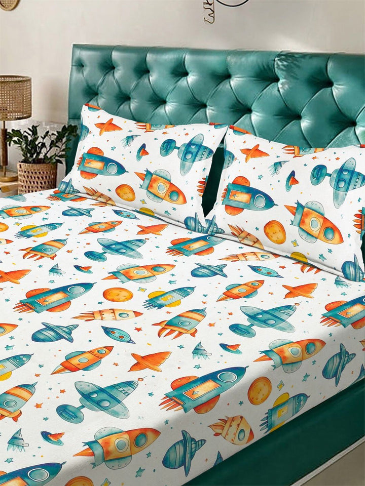 KLOTTHE Kartun Putih & Biru Bercetak Flat 300 TC Cadar Katil King Double Dengan 2 Sarung Bantal