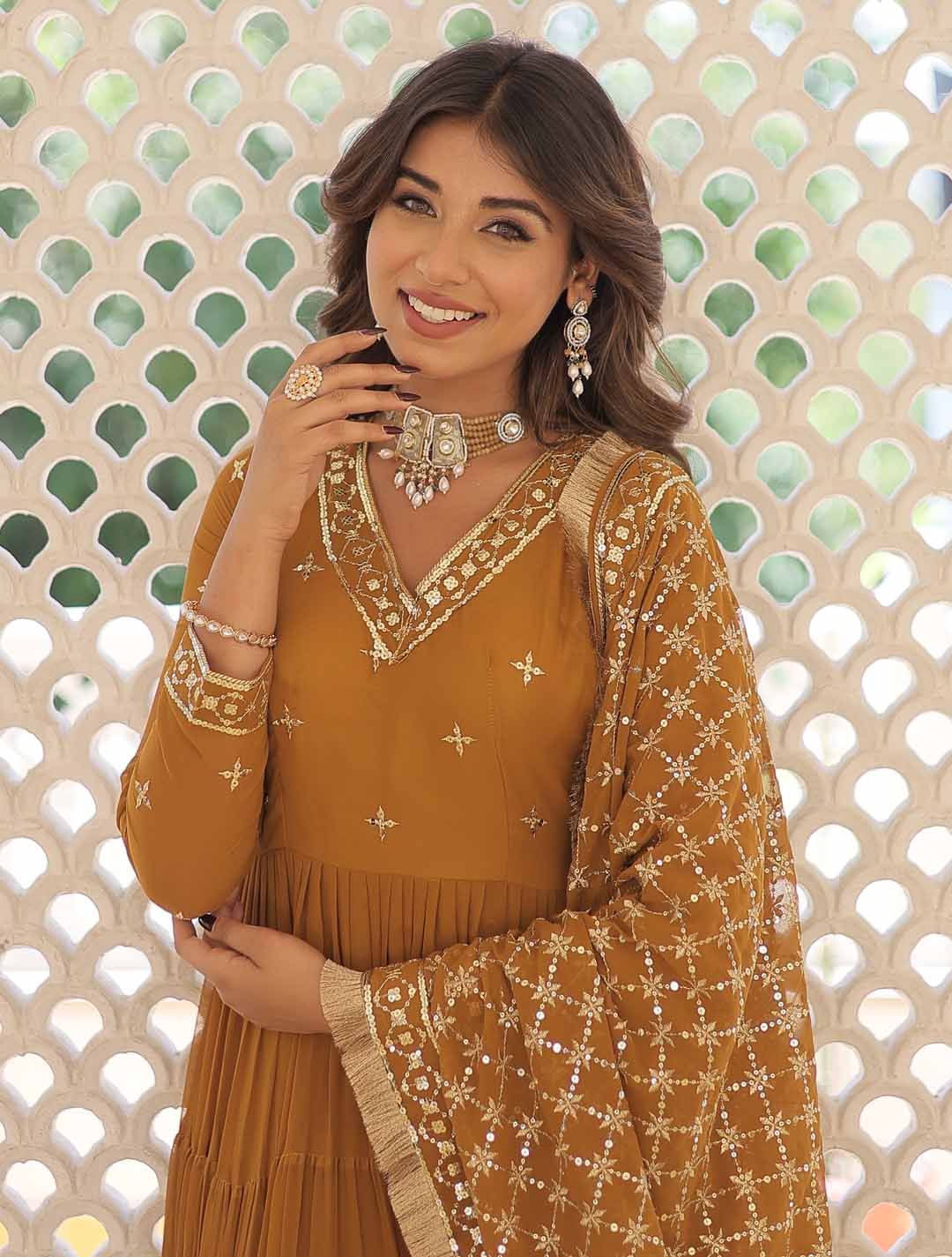 KALINI Sequin Embroidered Tiered Anarkali Kurta With Duppatta