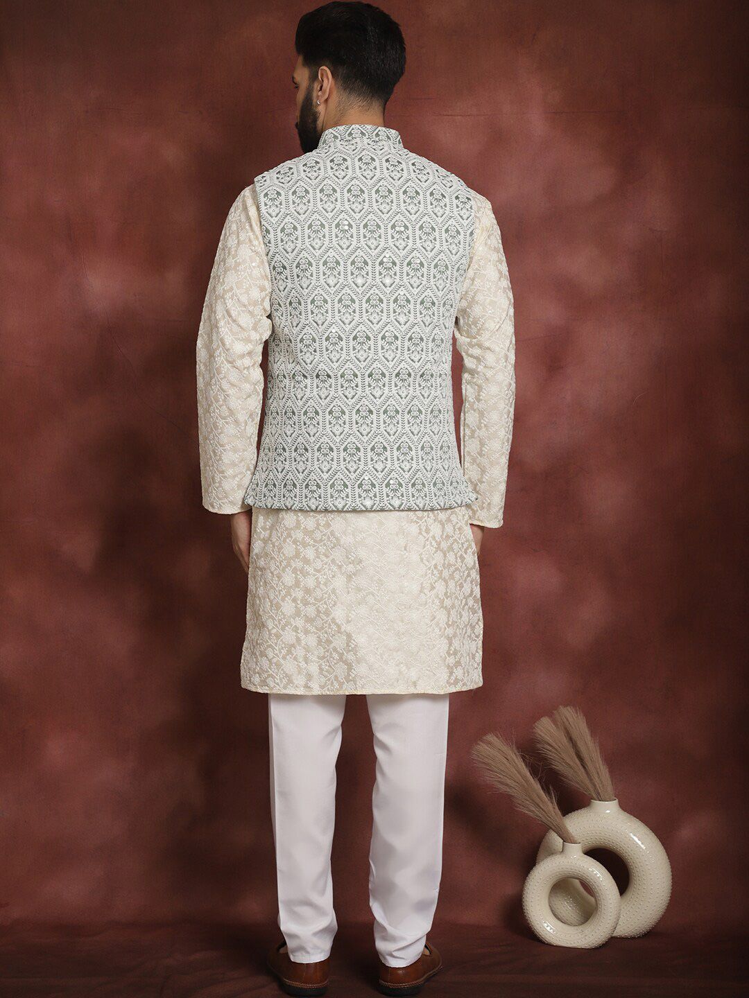 Anouk Floral Embroidered Regular Thread Work Kurta with Churidar & Nehru jacket