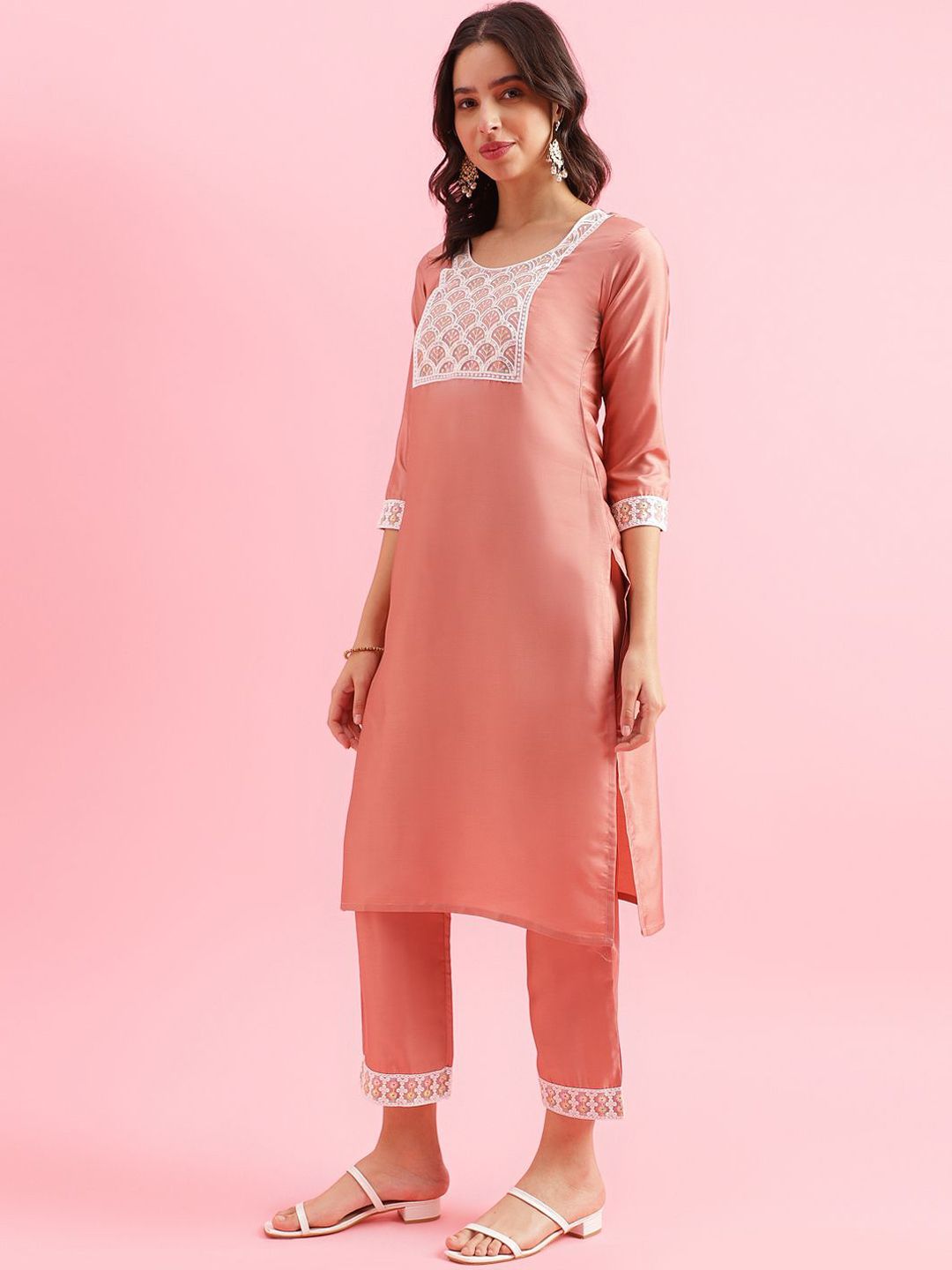 KALINI Floral Yoke Design Straight Thread Work Kurta with Trousers & Dupatta