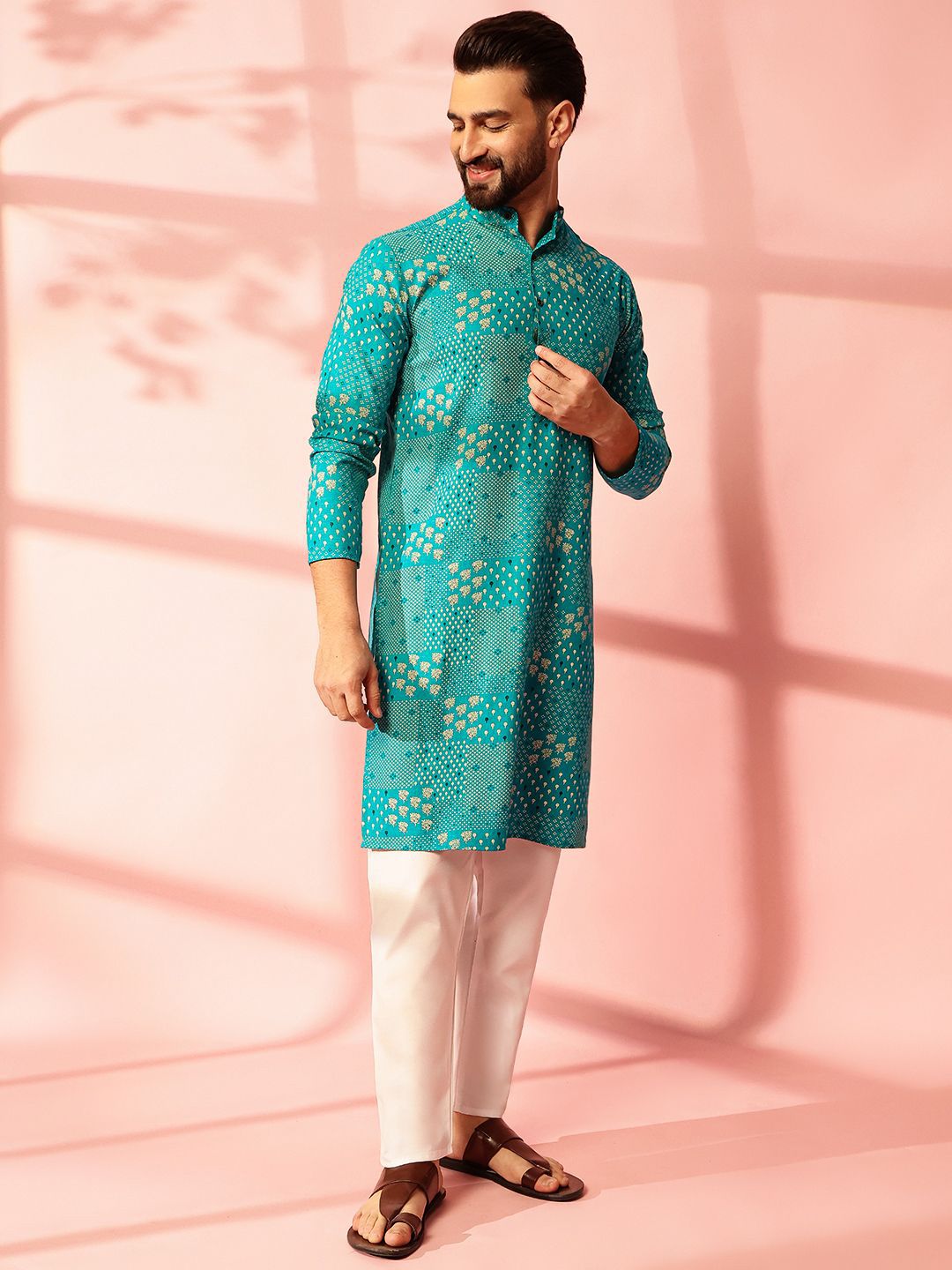 Anouk Floral Printed Band Collar Cotton Linen Straight Kurta