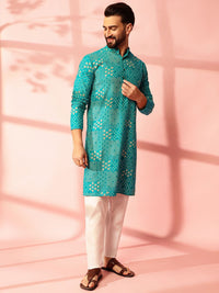 Anouk Floral Printed Band Collar Cotton Linen Straight Kurta