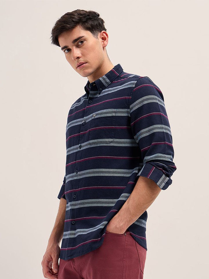 THE BEAR HOUSE Men Button-Down Collar Horizontal Striped Cotton Slim Fit Casual Shirt