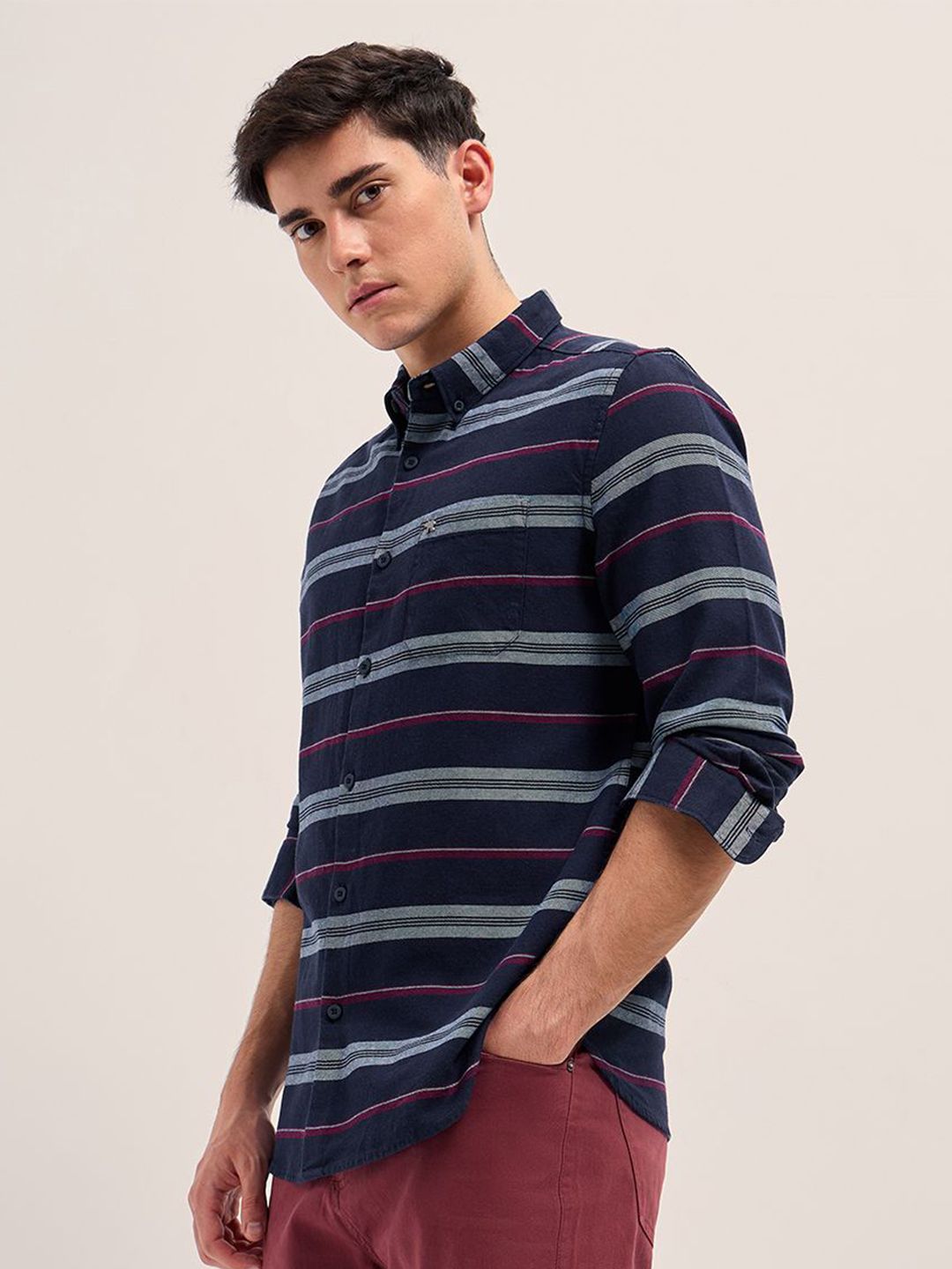 THE BEAR HOUSE Men Button-Down Collar Horizontal Striped Cotton Slim Fit Casual Shirt