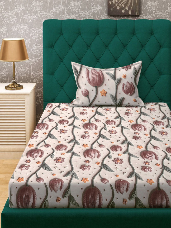 KLOTTHE Cream & Pink Floral Printed Fitted 300TC Single 7D Bedsheet With Pillow Cover