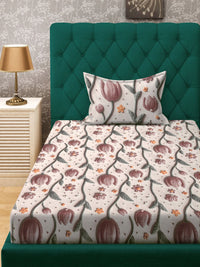 KLOTTHE Cream & Pink Floral Printed Fitted 300TC Single 7D Bedsheet With Pillow Cover