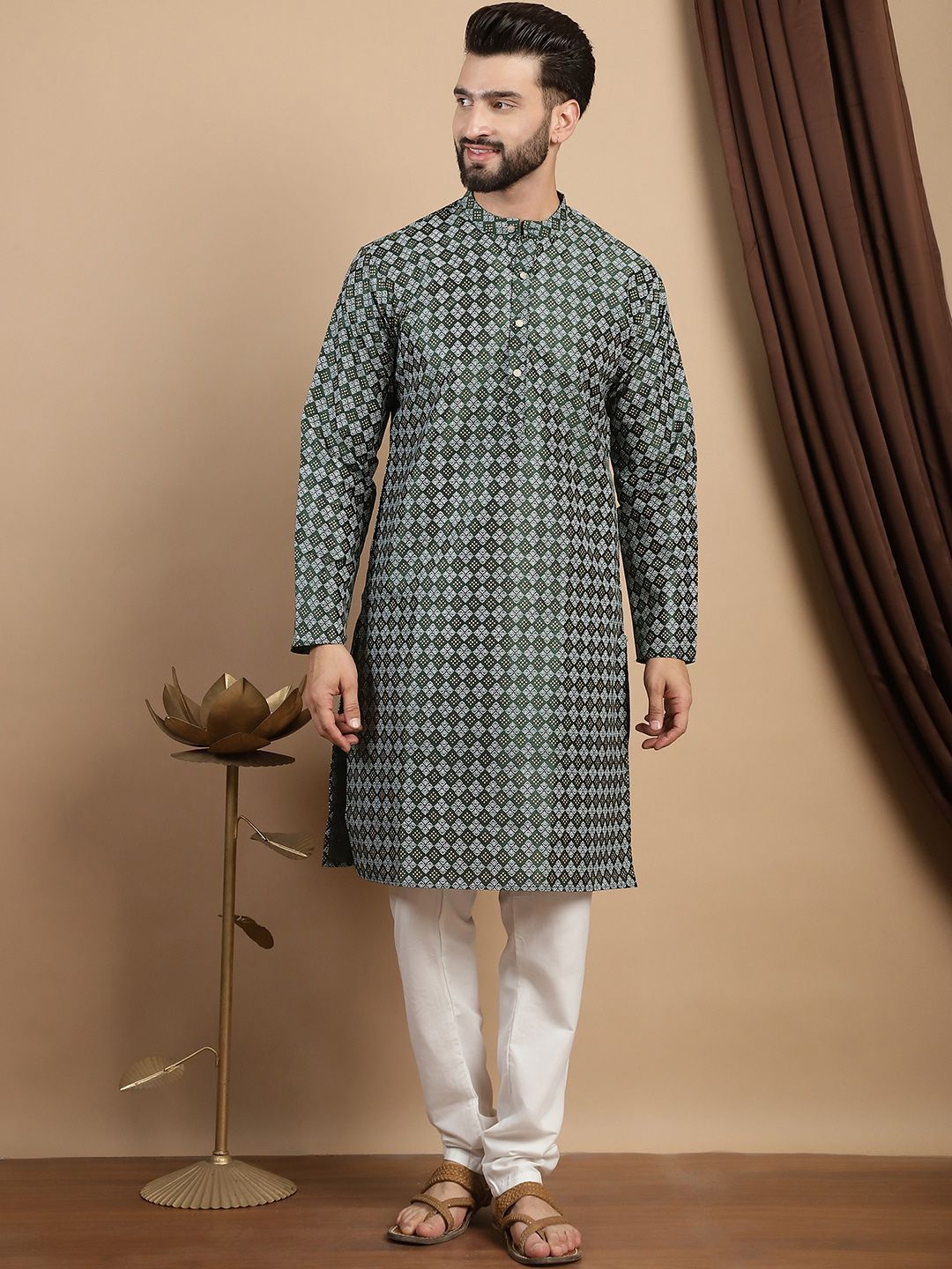 Anouk Geometric Printed Mandarin Collar Regular Straight Kurta With Churidar