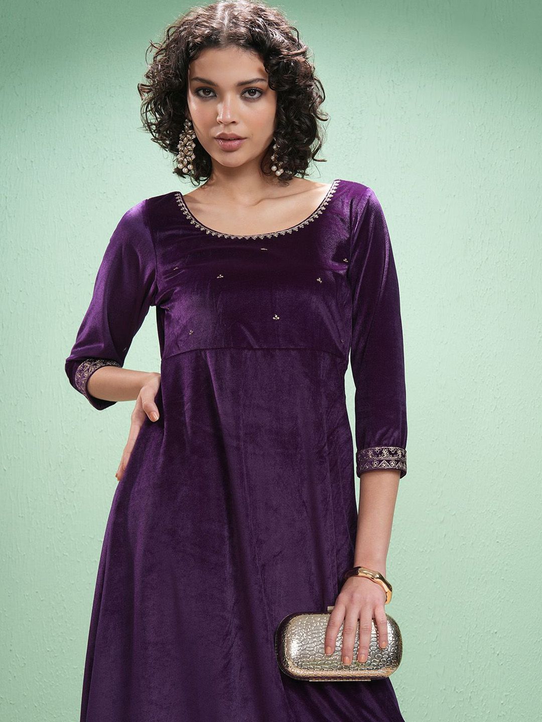 Vishudh Floral Yoke Design Zari Velvet A-Line Kurta With Trouser