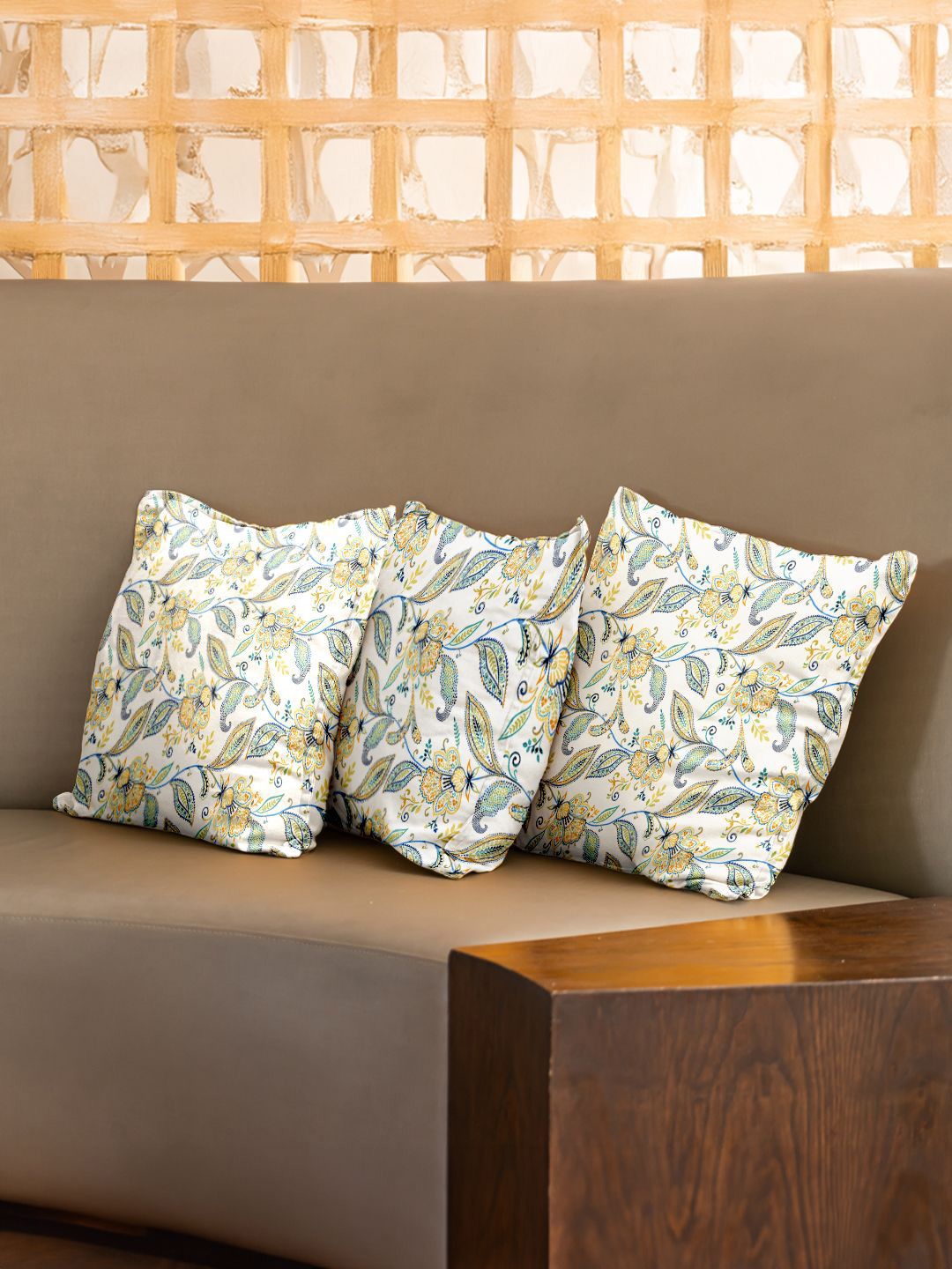 URBAN SPACE White & Yellow 3 Pieces Ethnic Motifs Square Cotton Cushion Covers