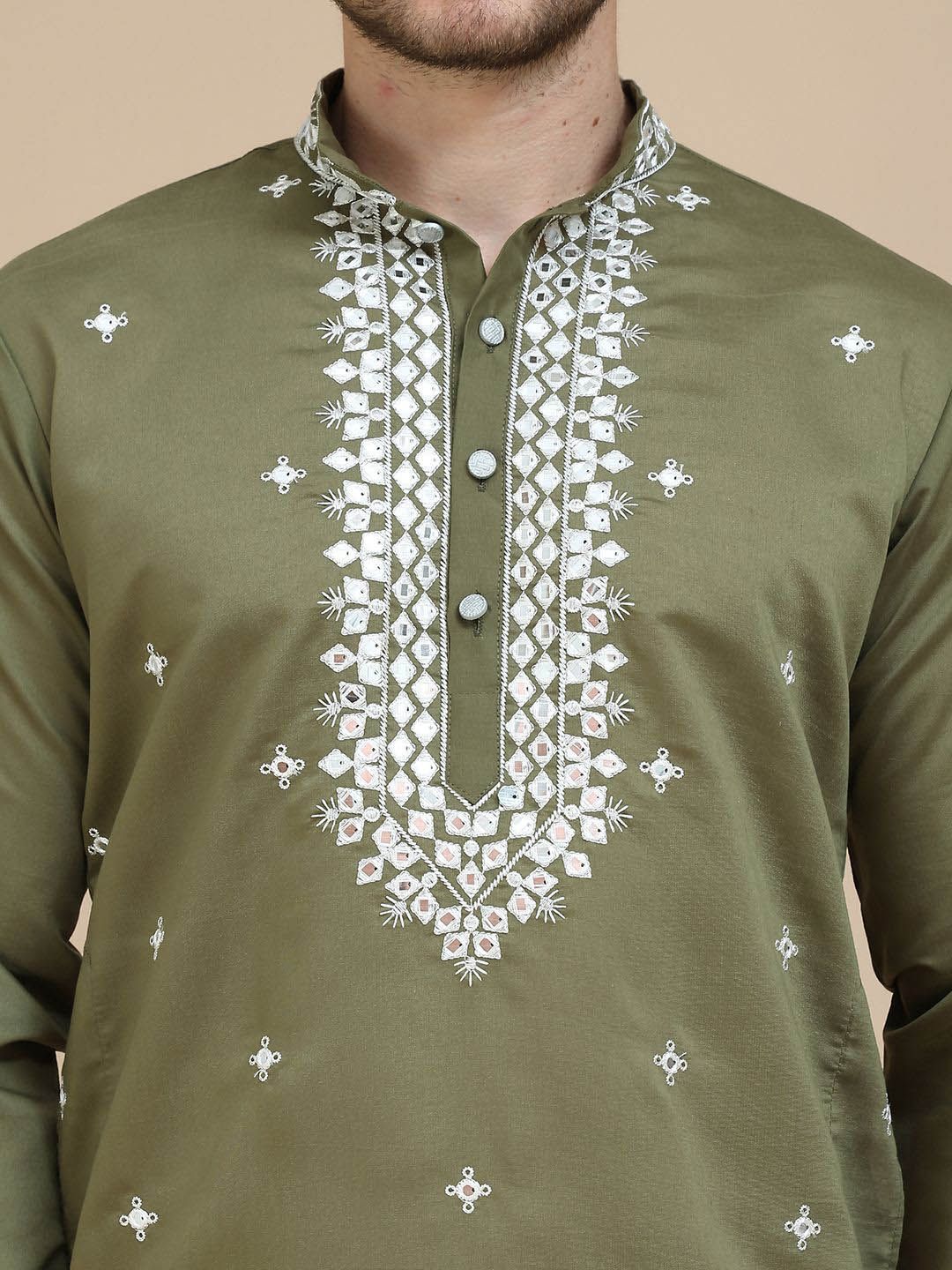 Jompers Embroidered Thread Work Mandarin Collar Straight Kurta With Pyjamas