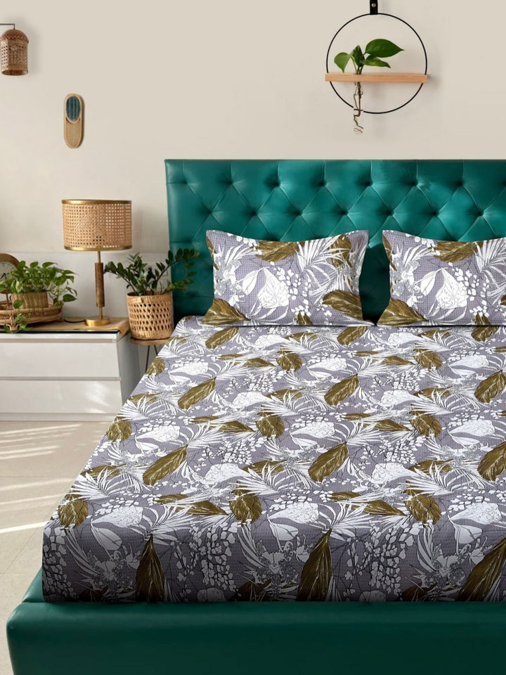 Aura Grey Floral Cotton 300 TC King Fine Bedsheet dengan 2 Sarung Bantal-106 x 106 inci