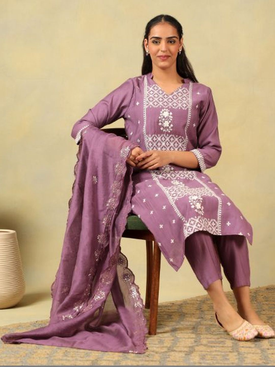 Mamicha Women Ethnic Motifs Embroidered Regular Thread Work Pure Cotton Kurta with Trousers & With Dupatta
