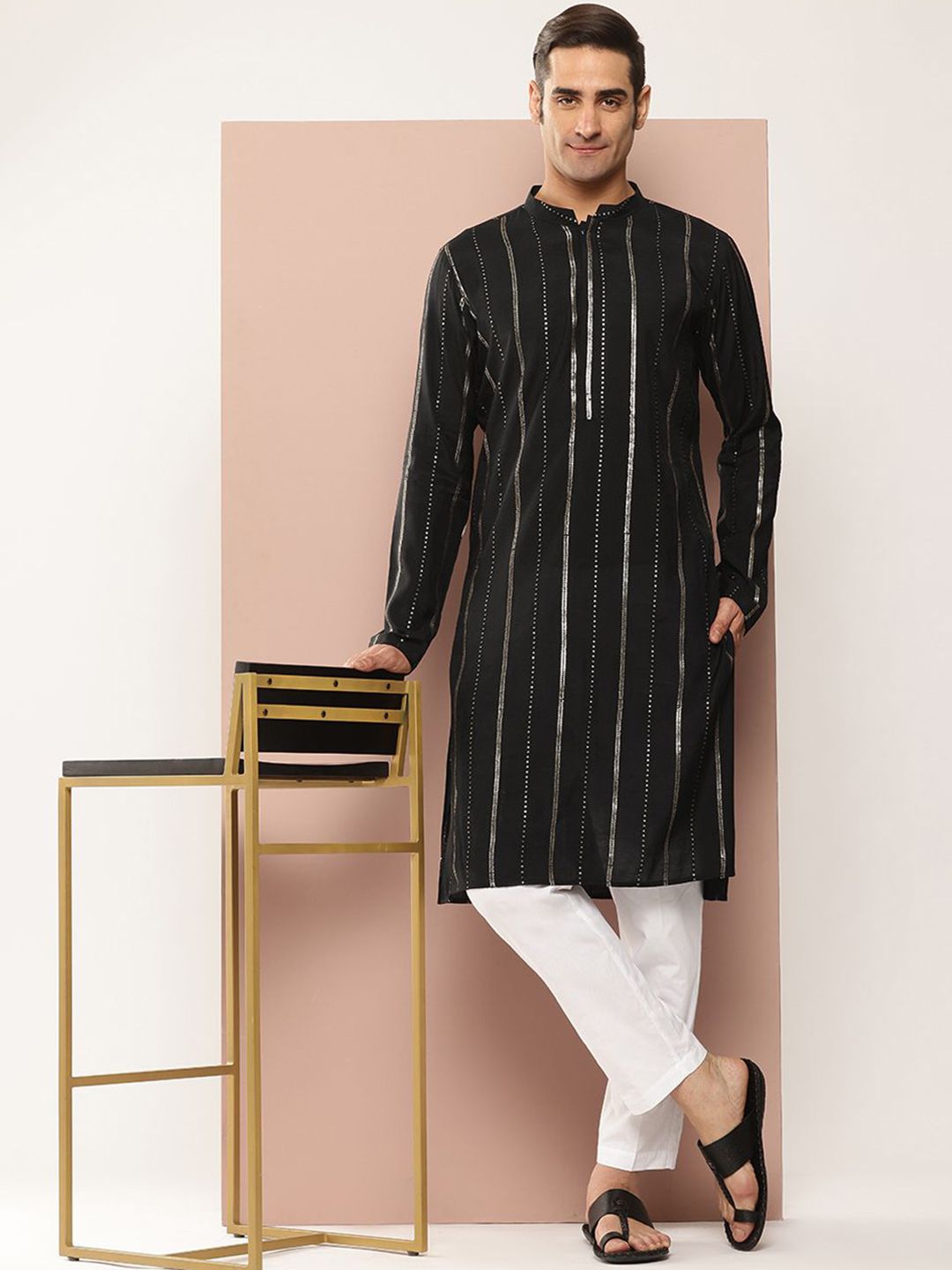 See Designs Mandarin Collar Geometric Embroidered Sequinned Chanderi Silk Straight Kurta