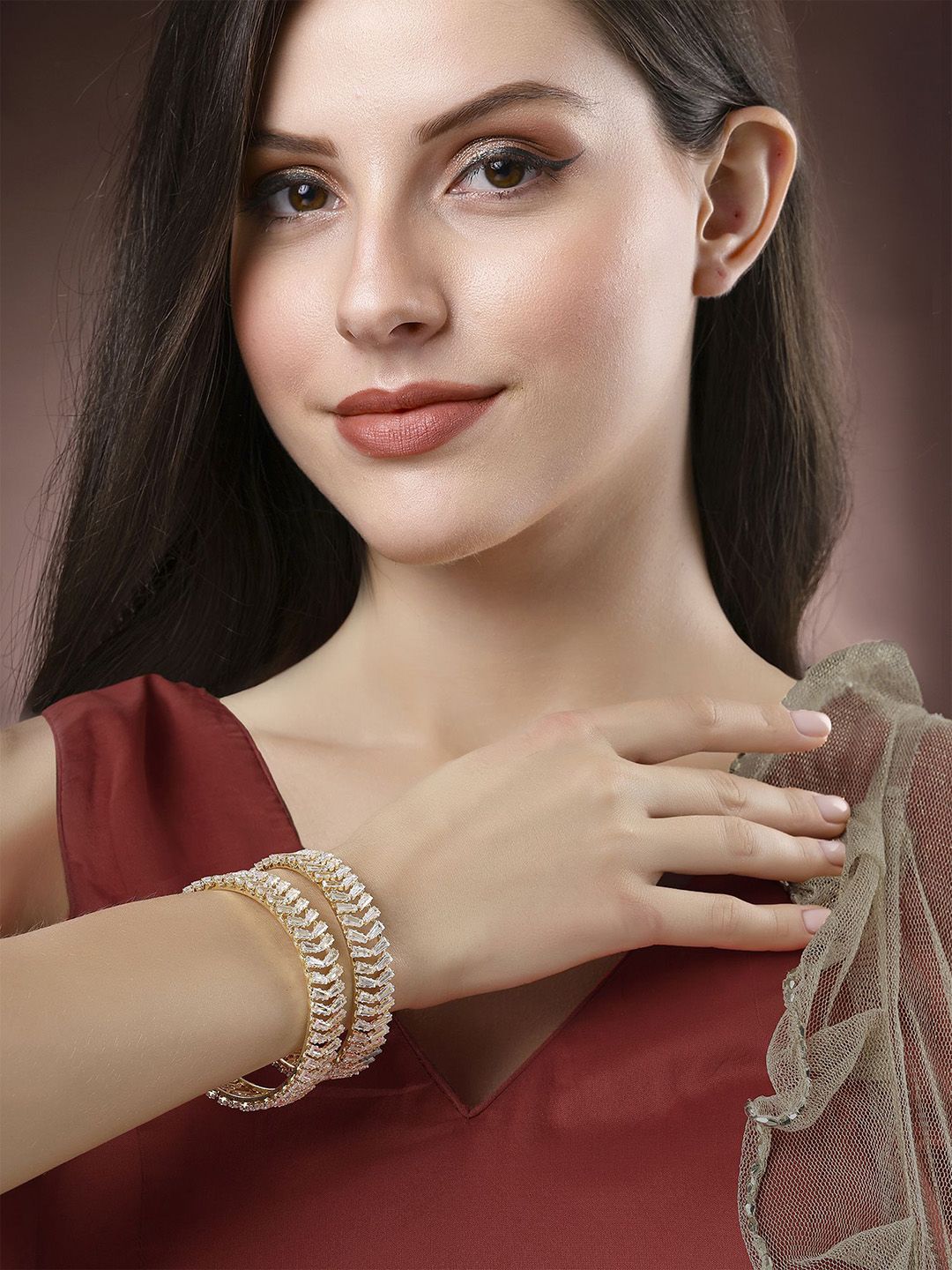 KARATCART Set Of 2 Gold Plated CZ Stone Studded Bangles