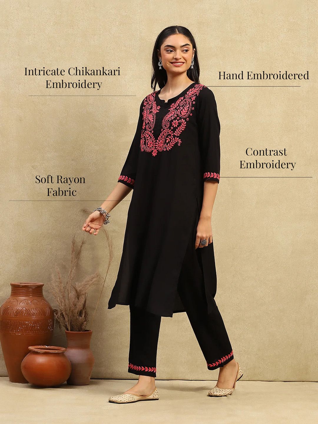 House of Chikankari Women Black Rayon Chikankari Embroidered Kurta Set