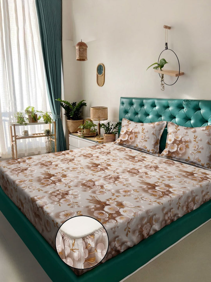 Myntra Elegant Homes Berwarna Krim Bunga 300 TC Cadar King dengan 2 Sarung Bantal