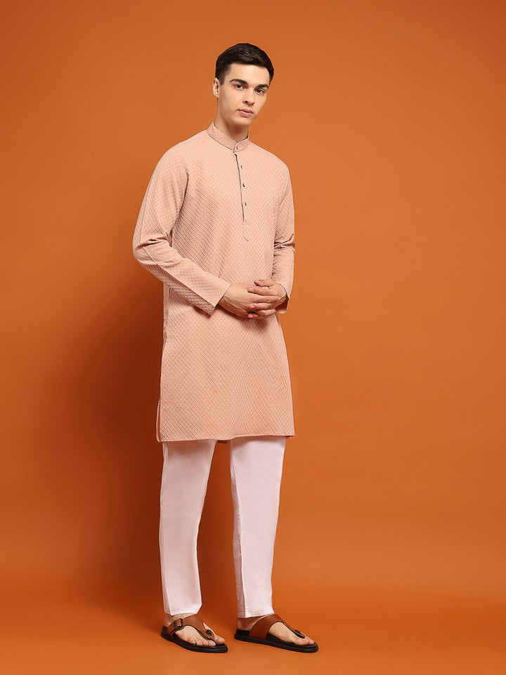 House of Chikankari Men Pink Cotton Embroidered Kurta