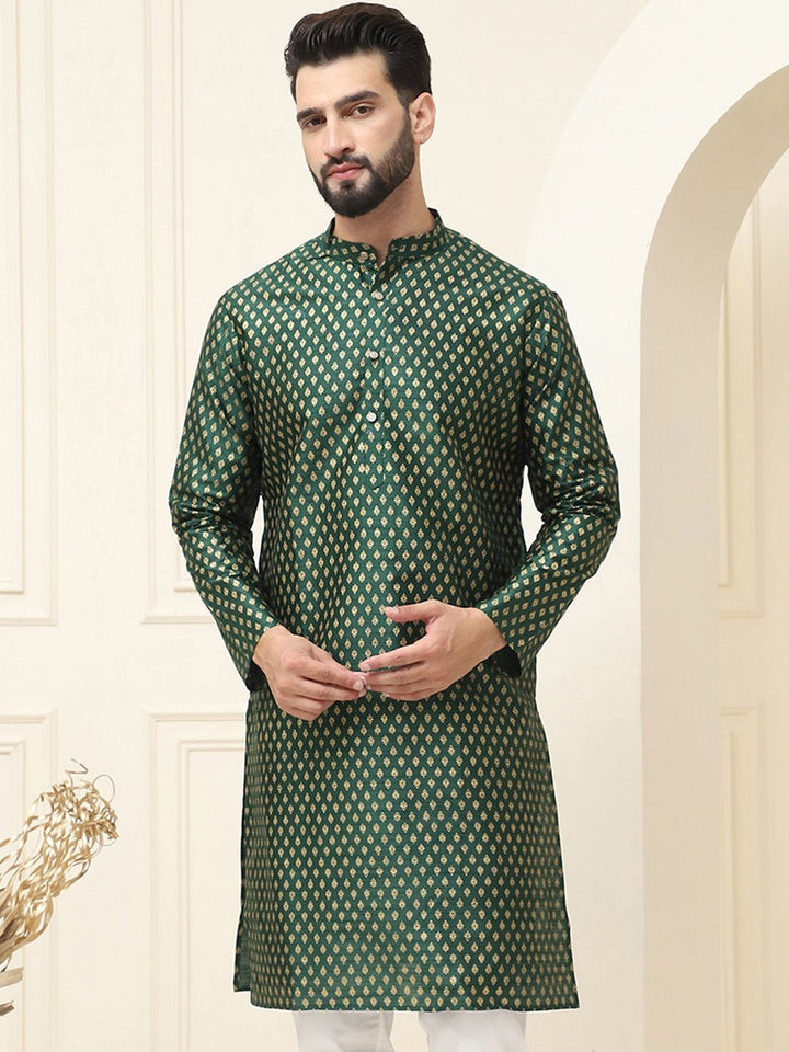 SOJANYA Ethnic Motifs Printed Band Collar Regular Silk Straight Kurta