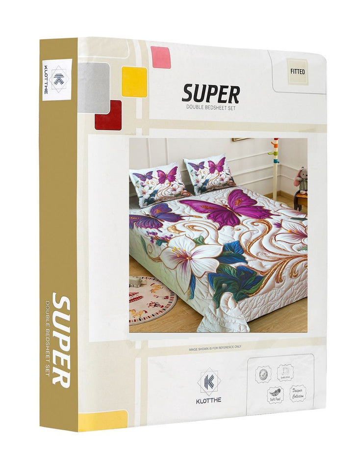 KLOTTHE Purple & White Printed 400TC Double Bedsheet With 2 Pillow Covers-98.4 x 88.5 Inch