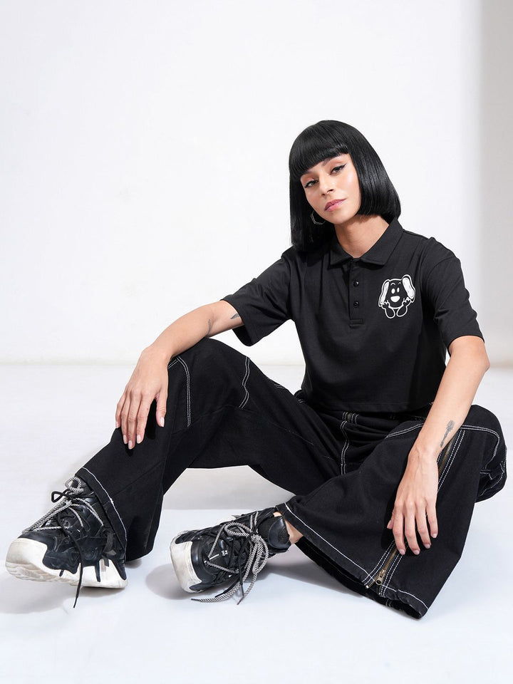 Street By Tokyo Talkies Women Solid Crop Collared Print at Chest Top