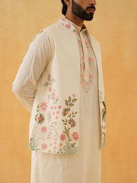 SOJANYA LUXE Floral Embroidered Thread Work Cotton Silk Kurta With Trousers & Nehru jacket