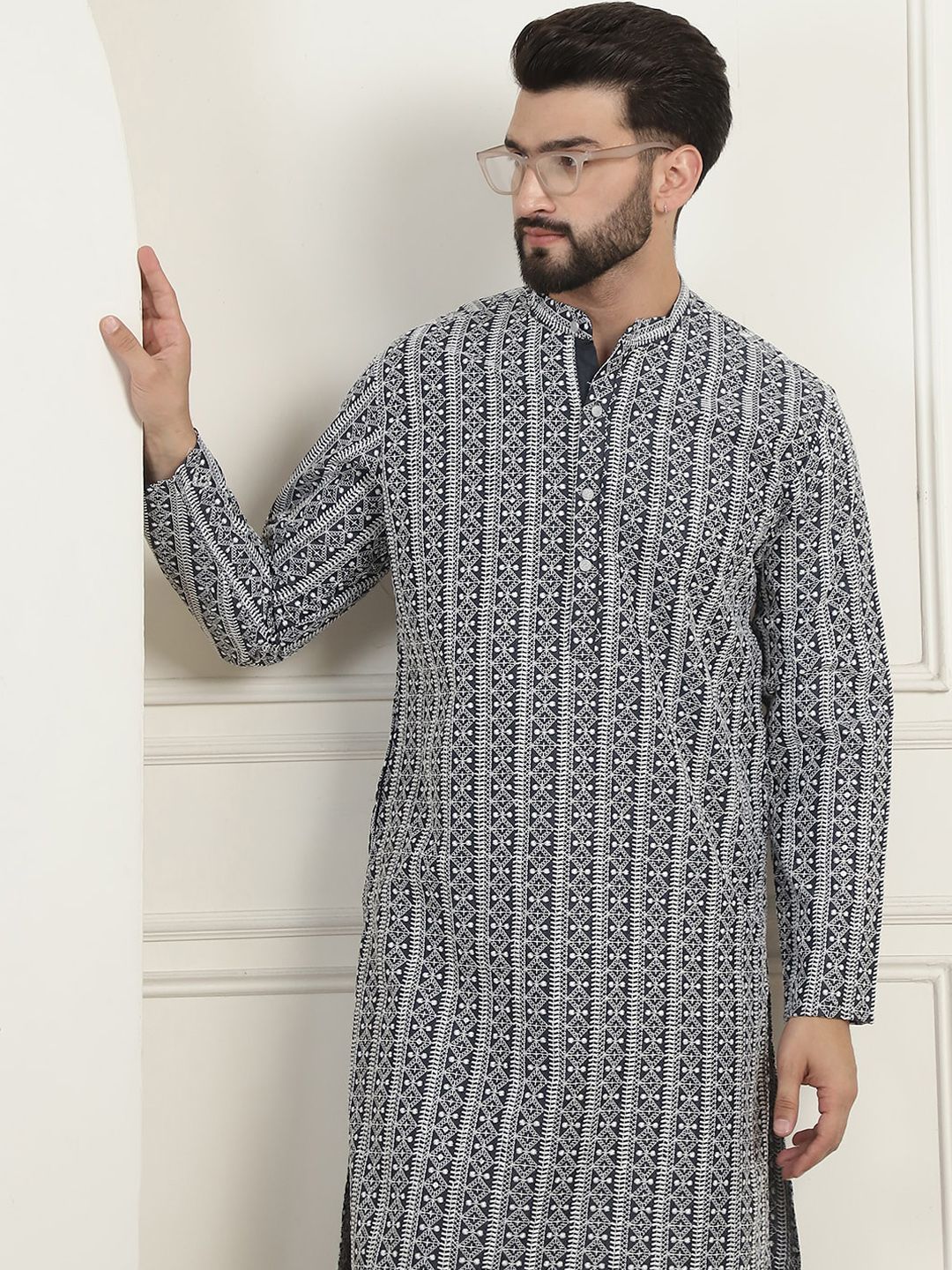 Anouk Charcoal Ethnic Motifs Embroidered Straight Pure Cotton Kurta with Churidar