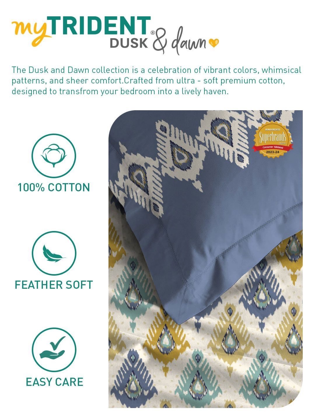 TRIDENT Beacon Yellow Dusk & Dawn Flat 144TC Queen Cotton Bedsheet Set