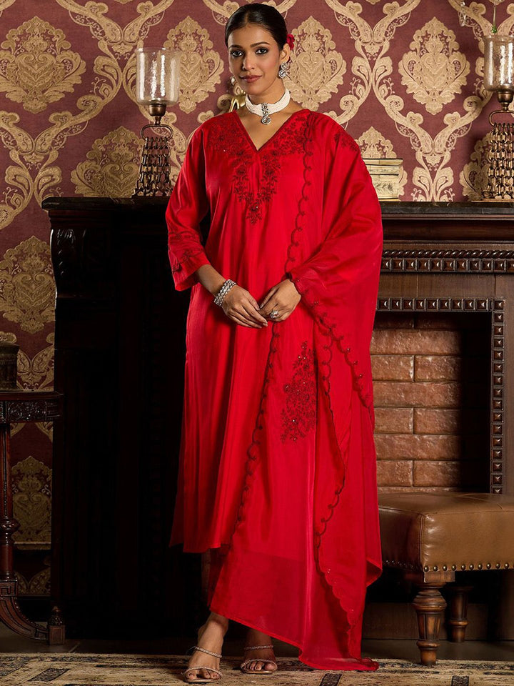 Indo Era Ethnic Motifs Embroidered Sequined Straight Kurta With Trousers & Dupatta
