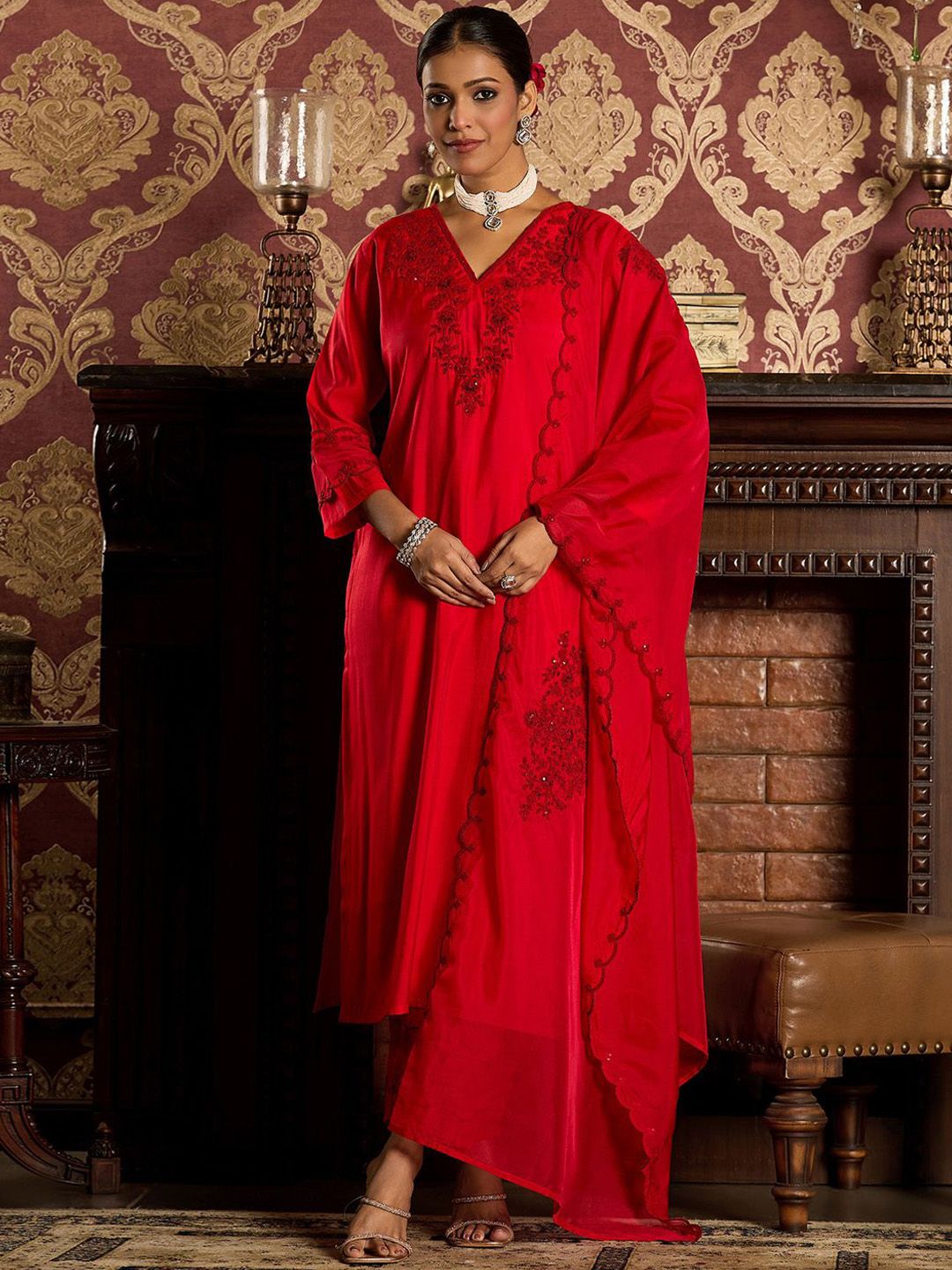 Indo Era Ethnic Motifs Embroidered Sequined Straight Kurta With Trousers & Dupatta