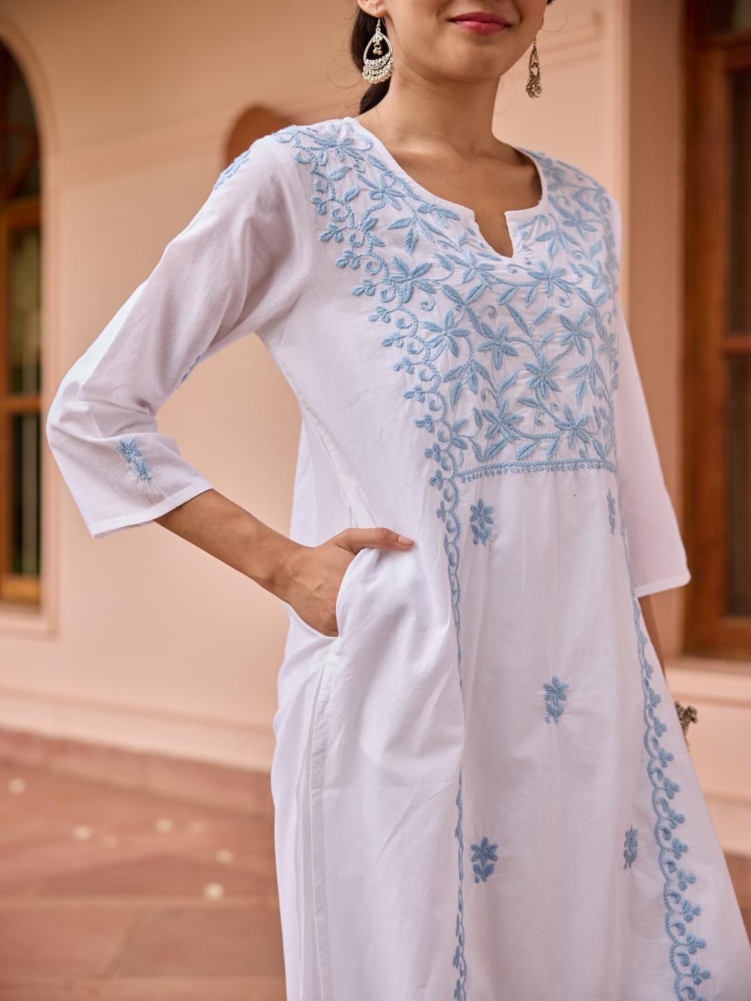Rumah Wanita Chikankari Kapas Putih Chikankari Sulam Kurta